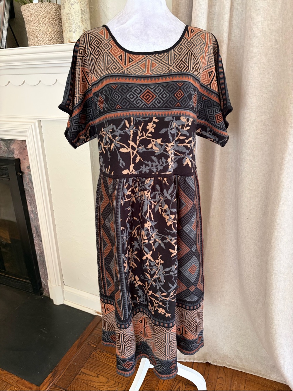 Peruvian Connection Black Midi Dress with Rust and Light Blue Accents